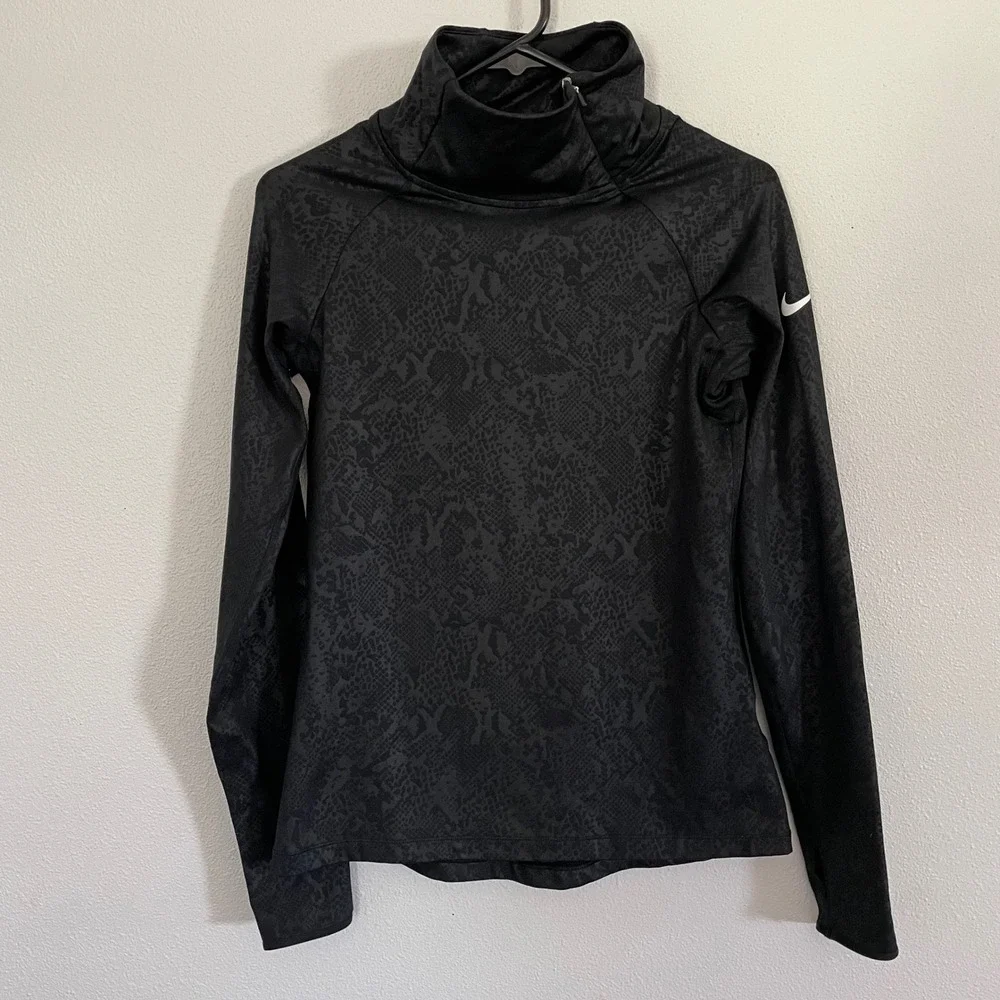 Nike Pro Dri-FIT Top Black Snakeskin Cowl Neck Thumbhole Womens Medium Running